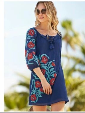 NWOT! Trina Turk Women's Gauzy Boho Blue Floral Embroidered Resort Mini Dress 4